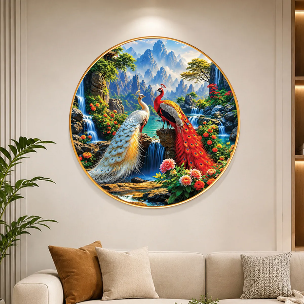 Round peacock wall art styled above a beige sofa in a living room