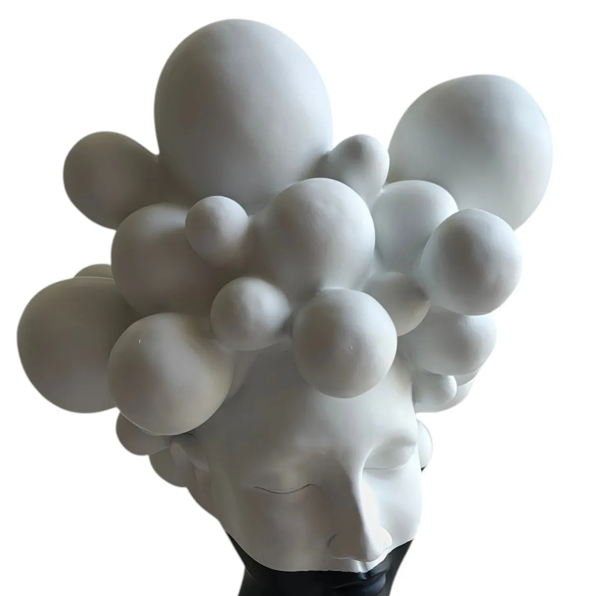 Front angled view of the serene black and white bubble bust showpiece
