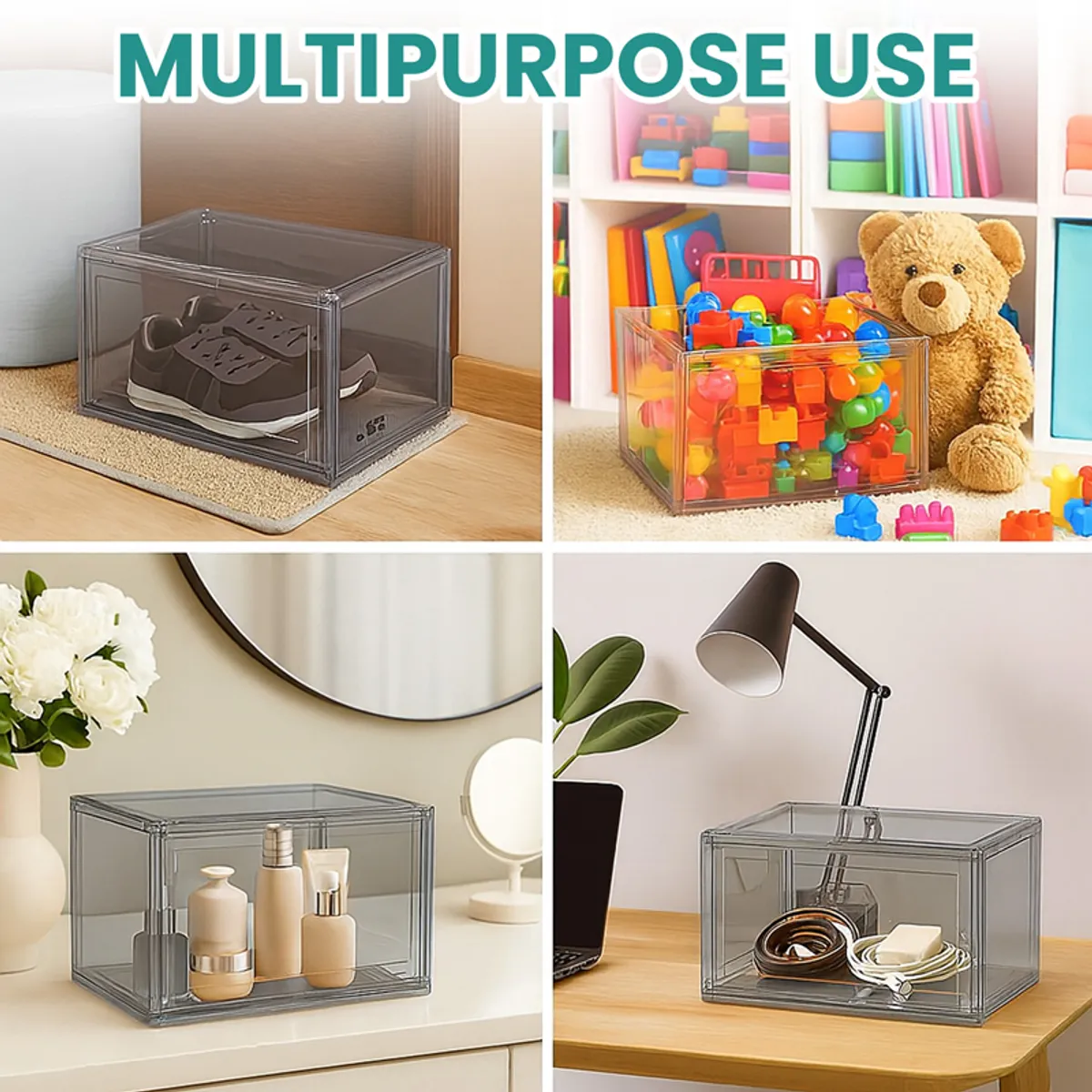 Transparent storage boxes shown holding shoes, toys, toiletries and accessories