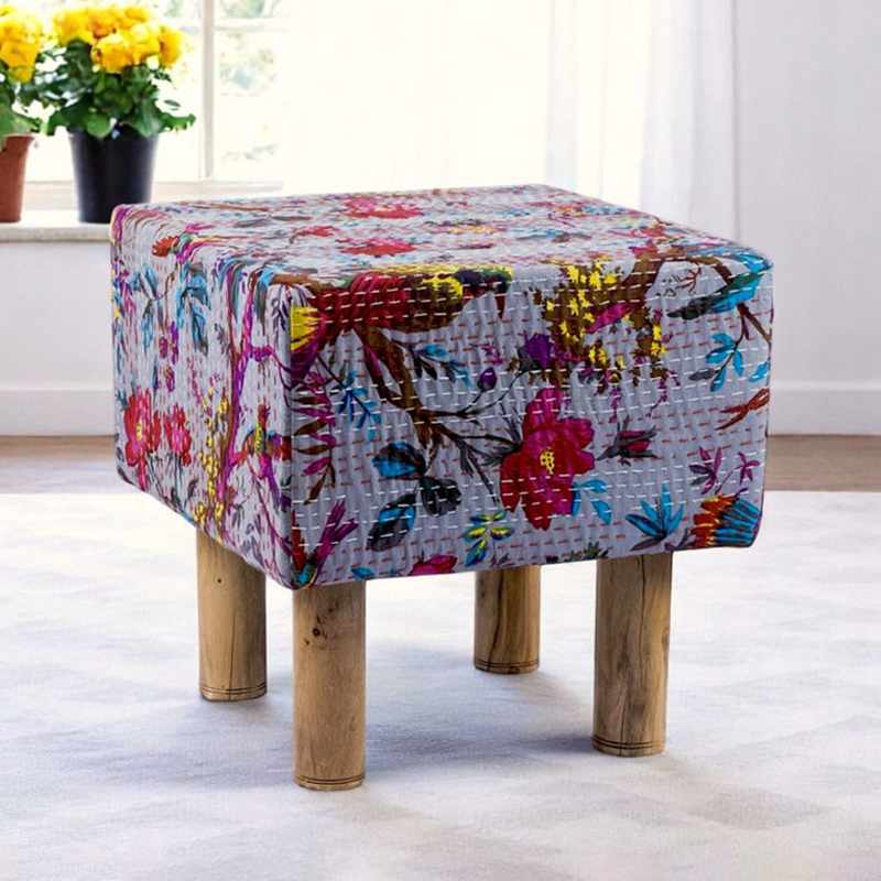 Qrixon Acacia Wooden Ottomans - Grey
