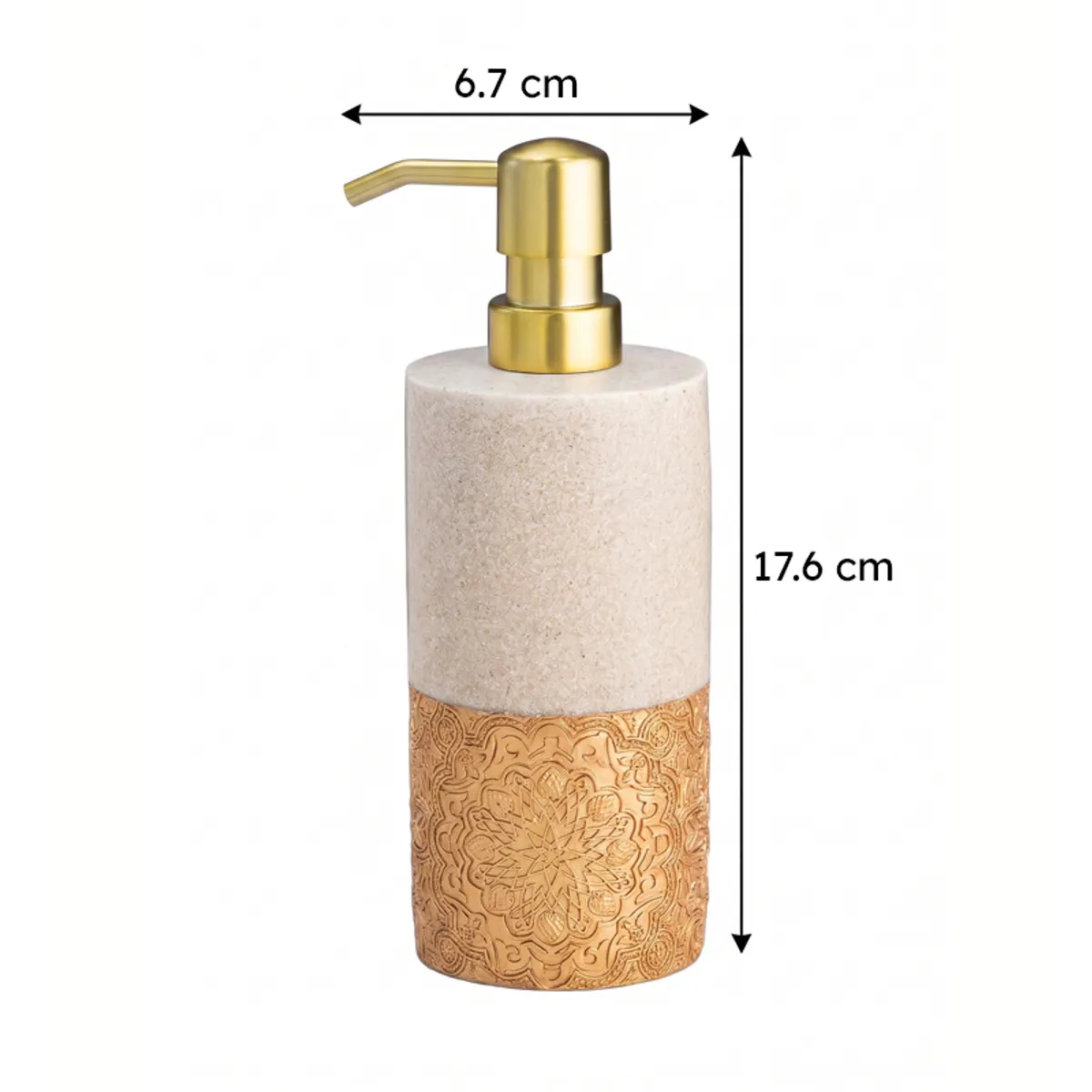 Soap dispenser with dimension arrows on a white background