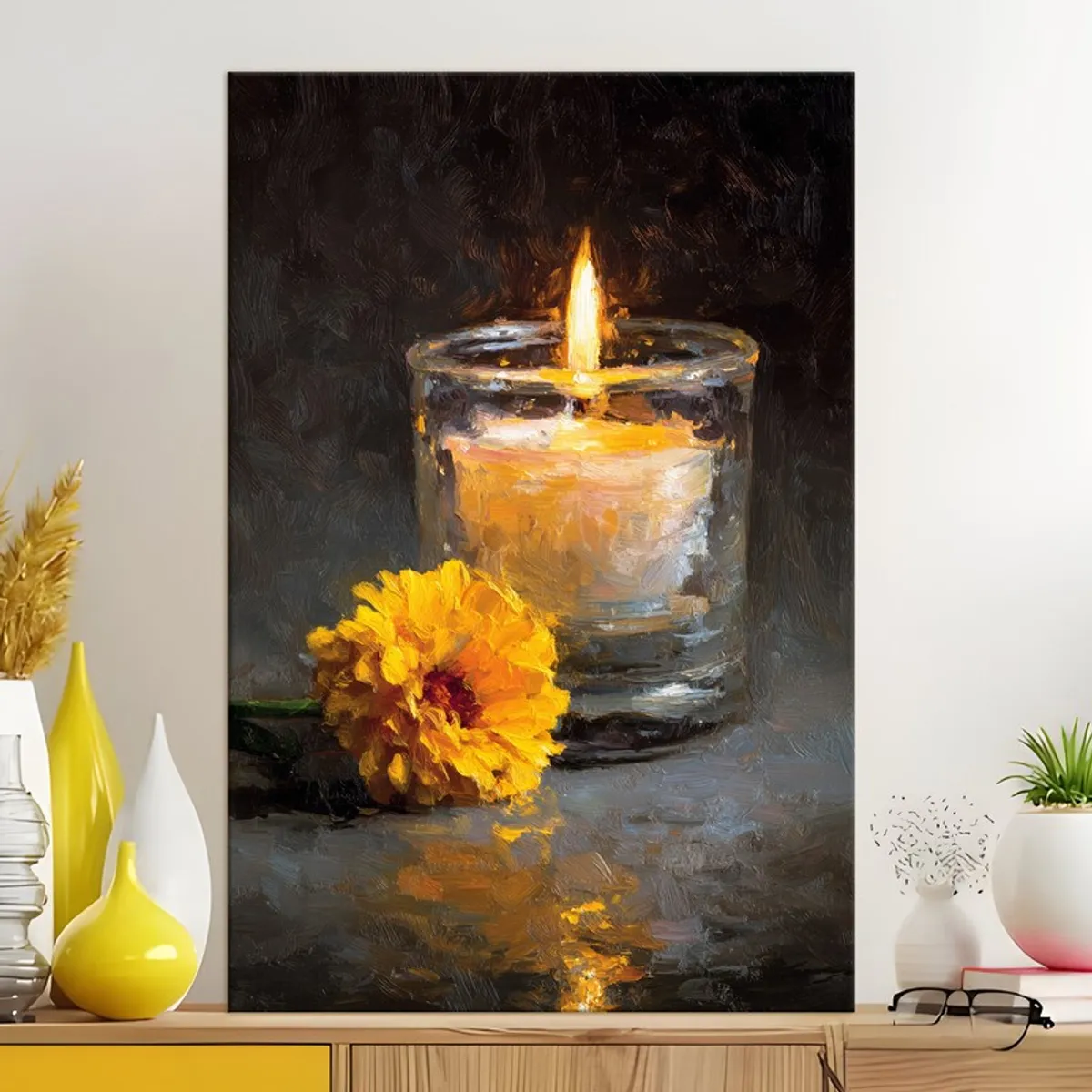 Large canvas wall painting with candle-and-flower artwork styled above a console