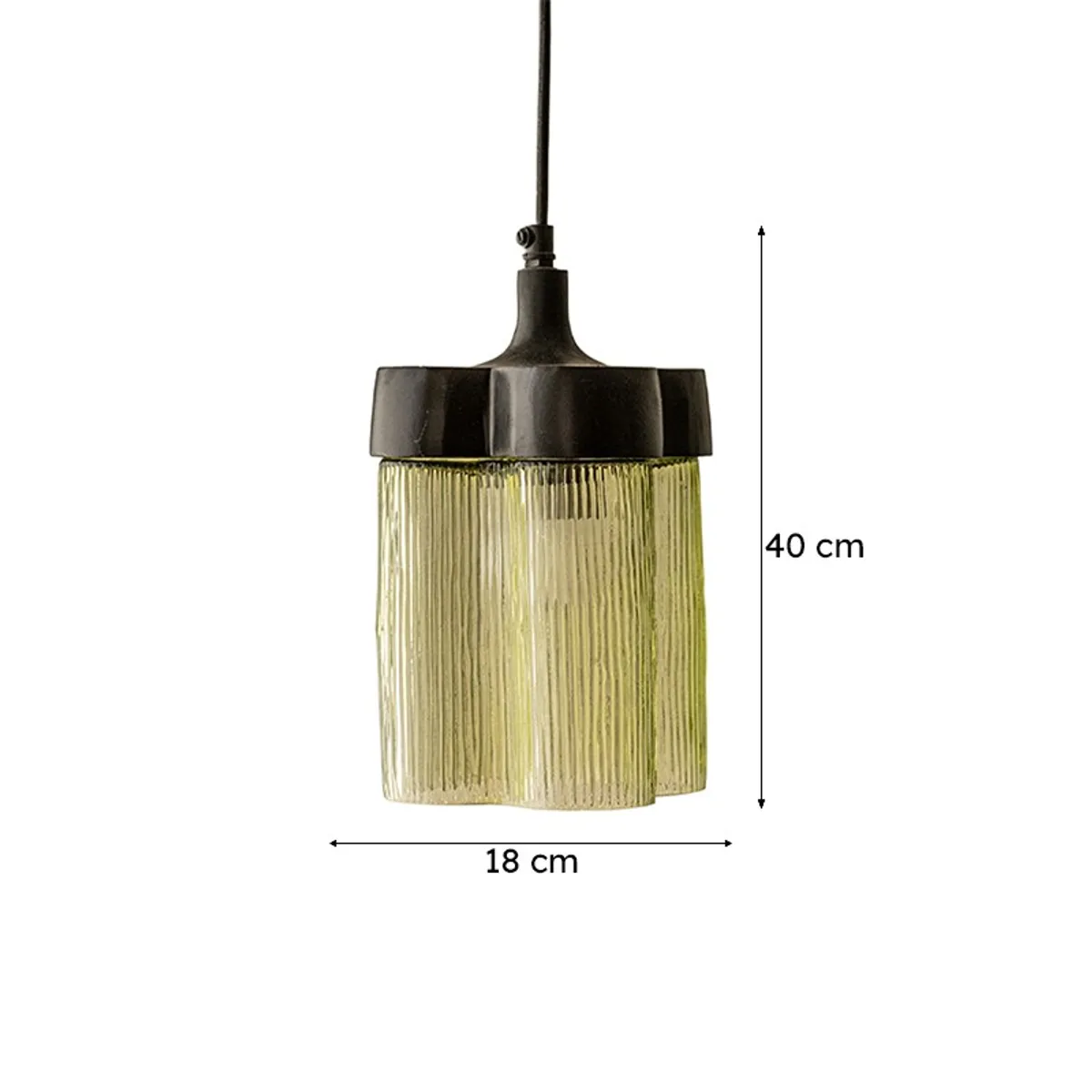 Green glass ceiling lamp with dimensions shown on plain background