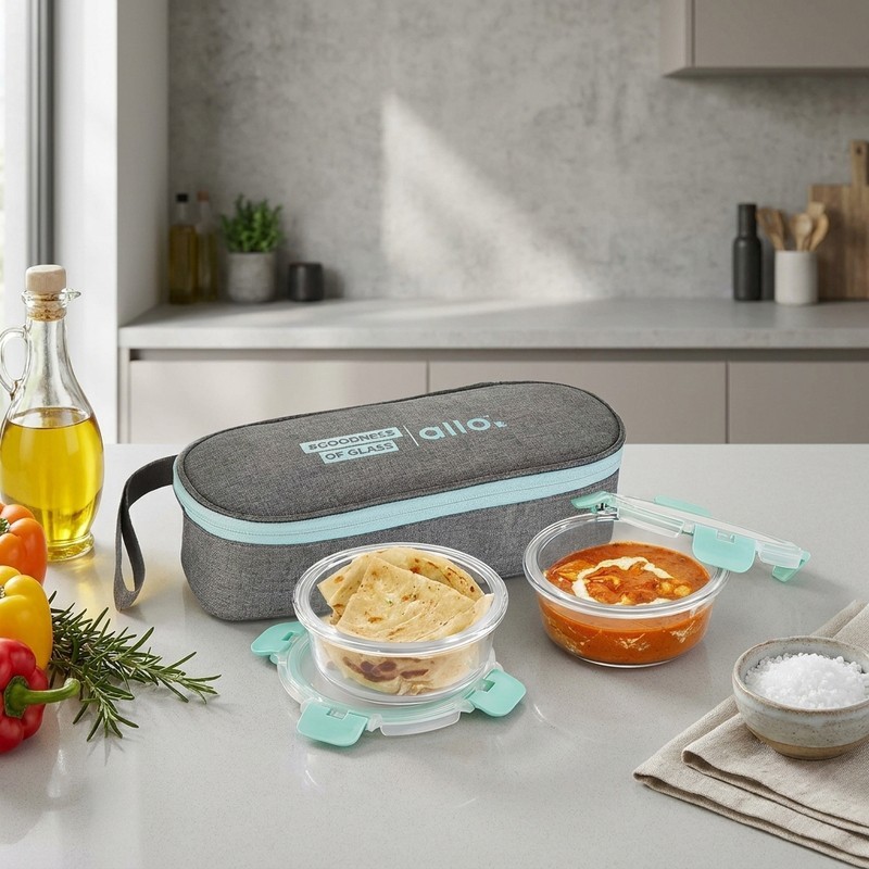 Jonas Lunchbox With Oval Grey Bag (390 ML) - Set Of Two - 390 ML