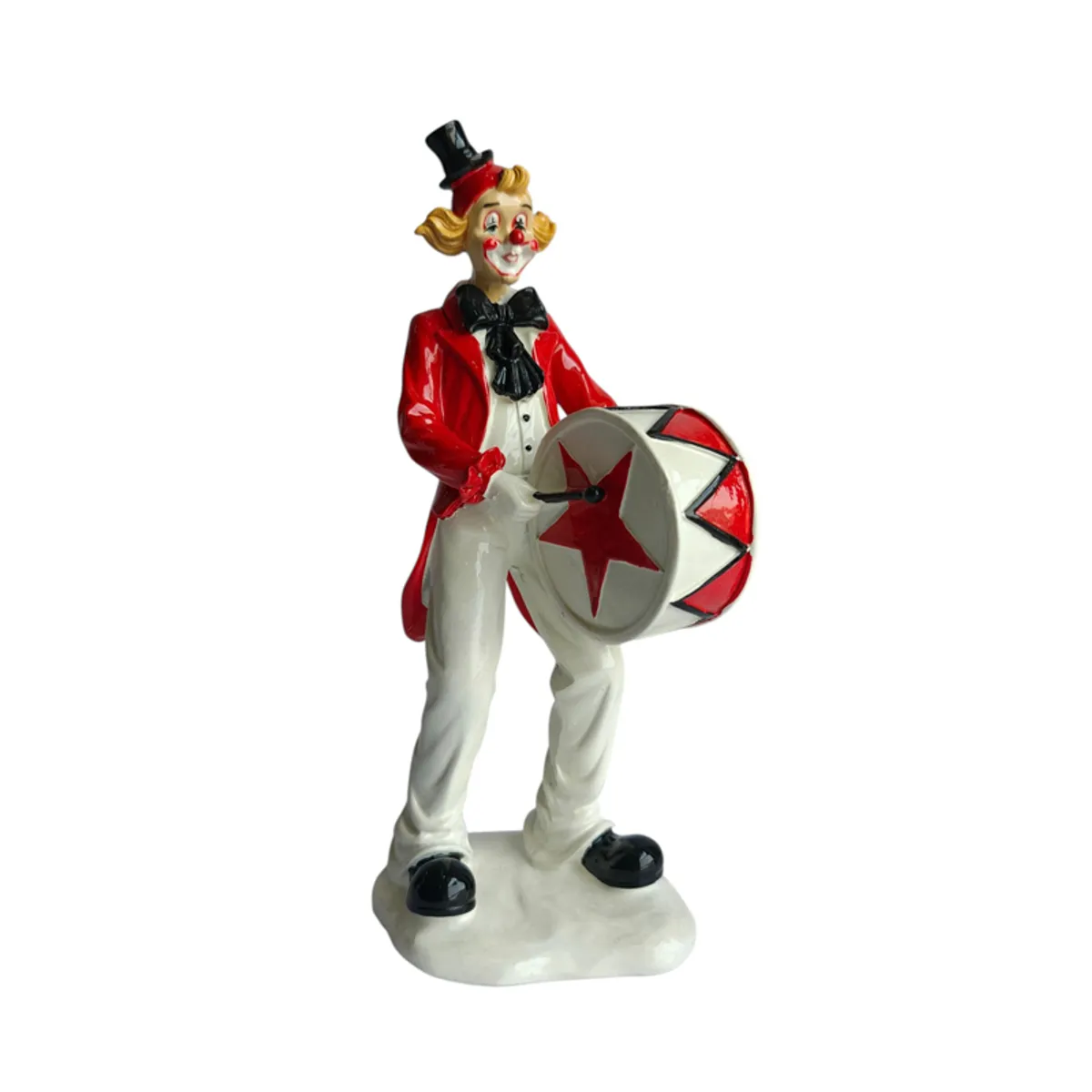 Full view of clown drummer figurine with glossy red and white finish