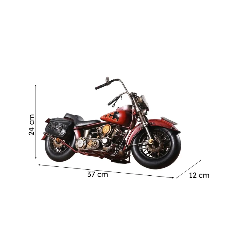 Motorcycle showpiece with dimensions shown beside the product