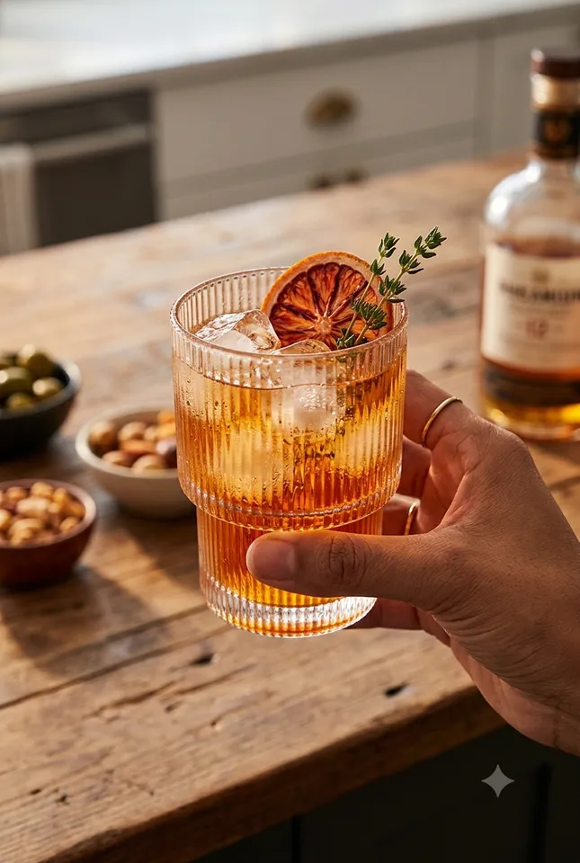 Hand holding a transparent ribbed glass with an amber drink and ice on a wooden table