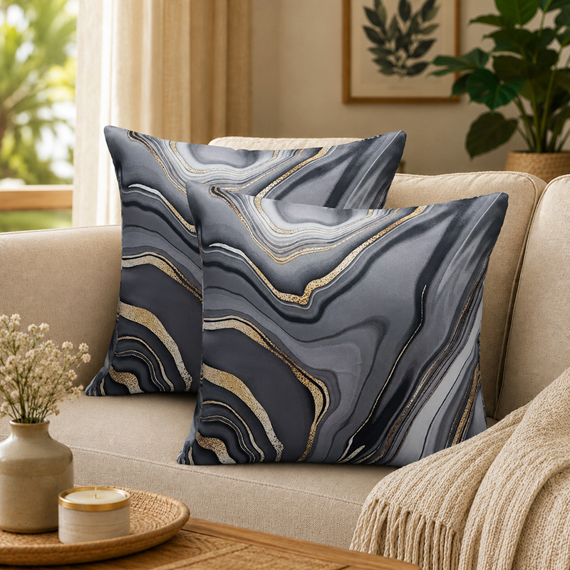 Marbled Swirl Printed Cushion Covers (Black) - Set of Two - 16 x 16 Inches