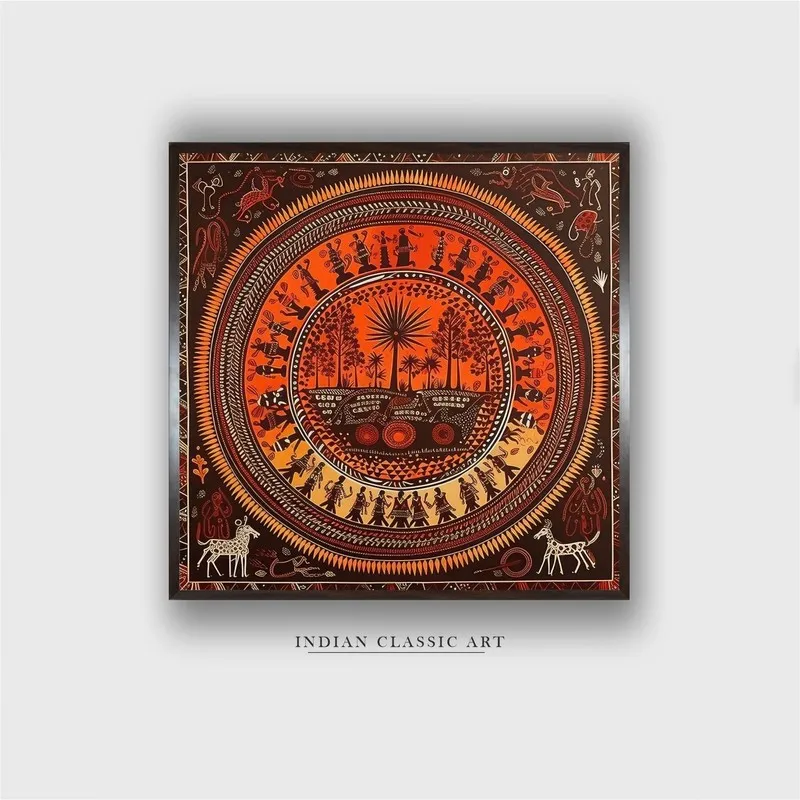 Front view of framed tribal village life artwork with circular folk motif