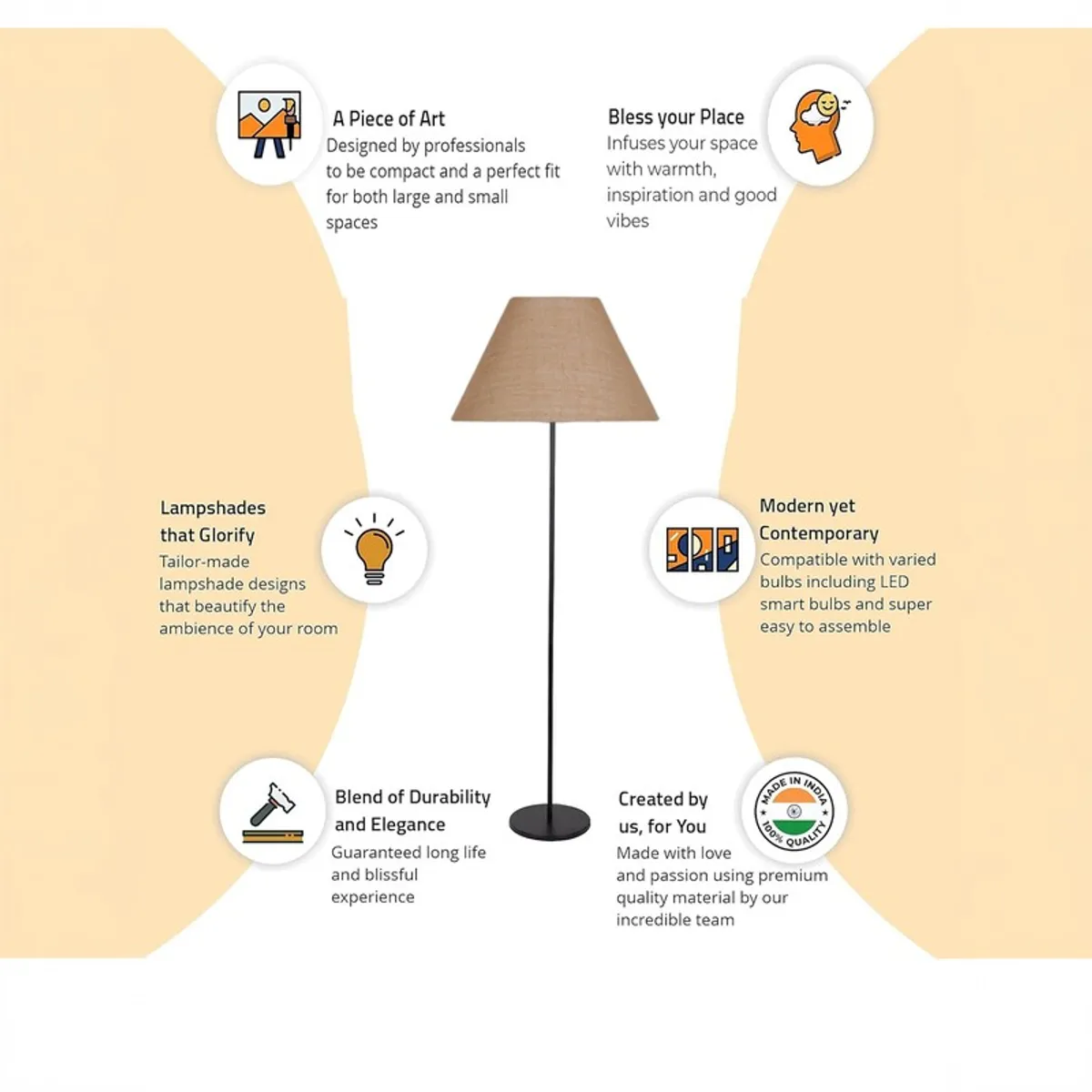 Floor lamp shown with decorative callout icons on a light background