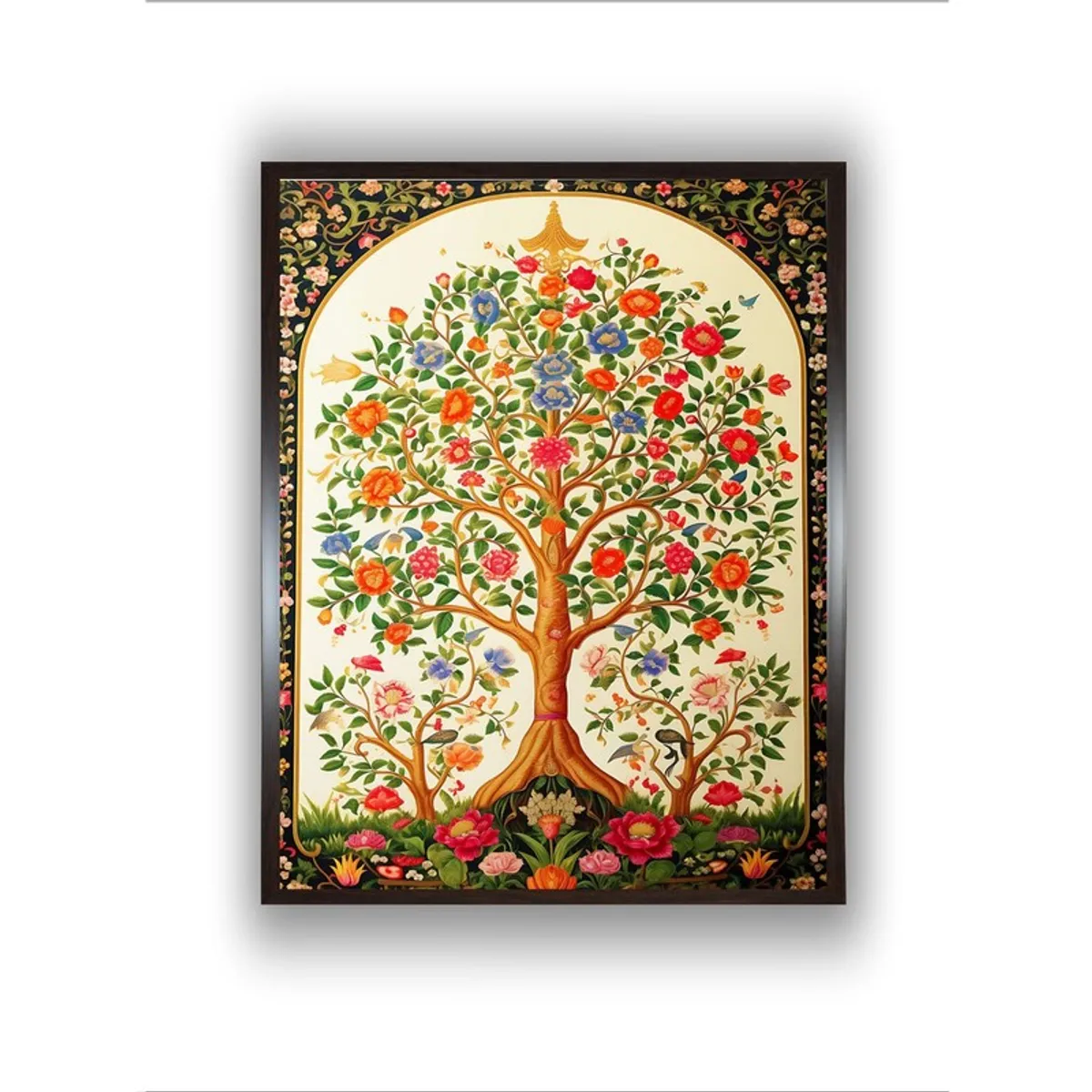 Front view of multicolour floral tree wall painting in black frame