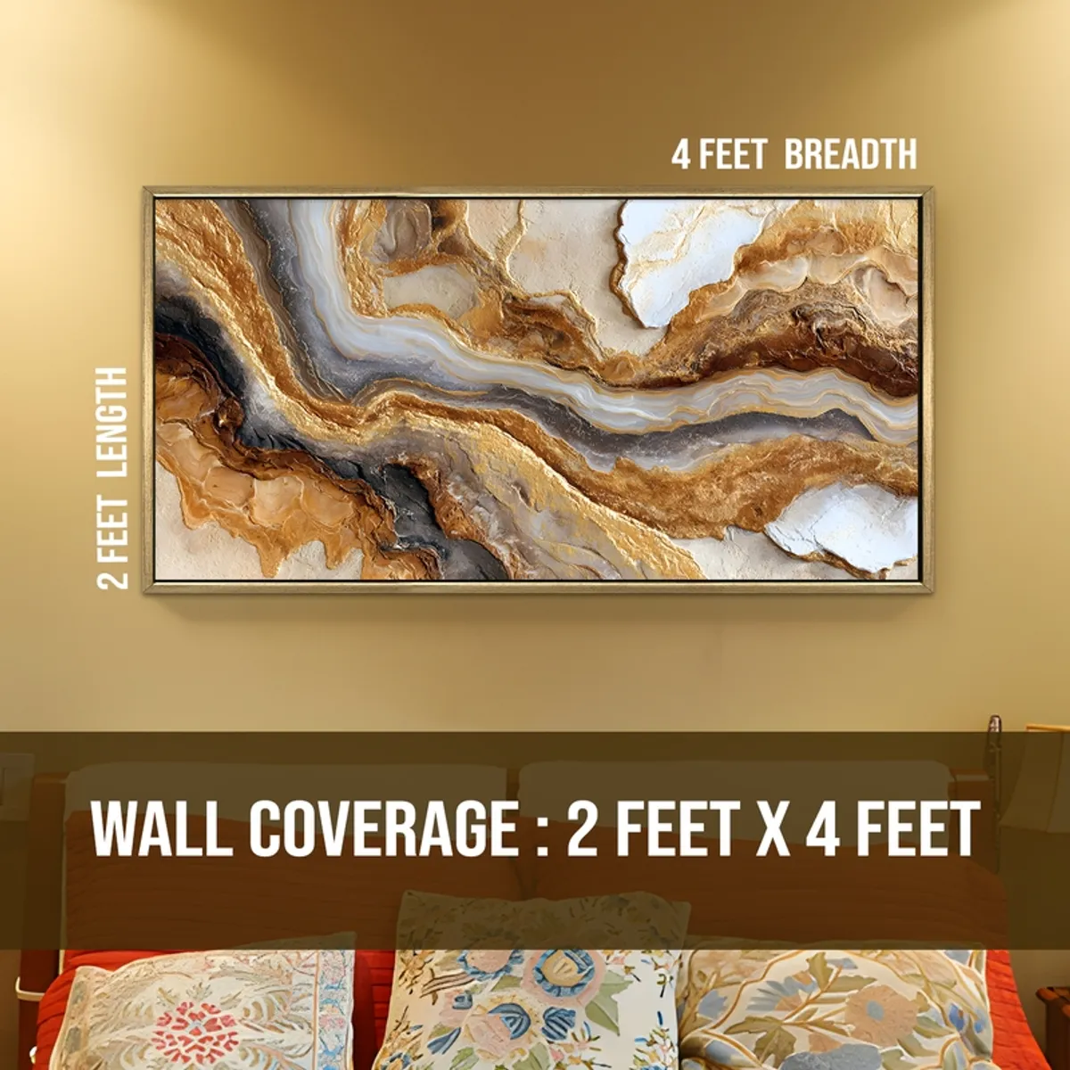 Wide rectangular abstract wall painting in gold, white and earthy tones