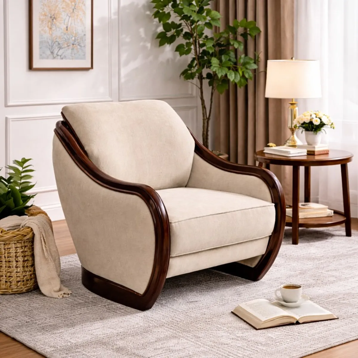 Angled view of a beige upholstered accent chair with polished curved wood arms