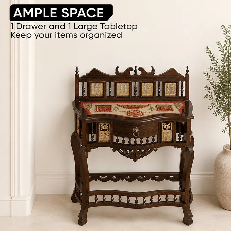 Front view of ornate brown console table with decorative top and carved base
