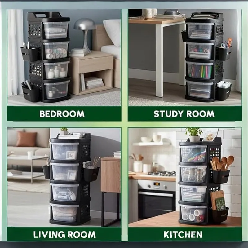 Four-tier organiser rack shown in bedroom, study, living room and kitchen settings