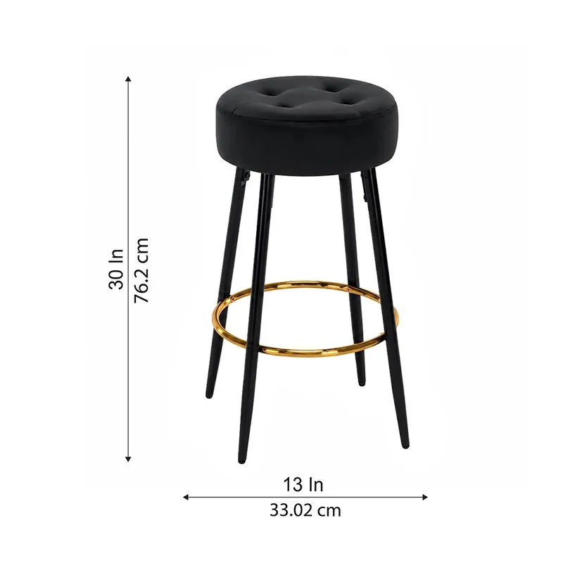 Black round bar stool with dimensions shown in the image