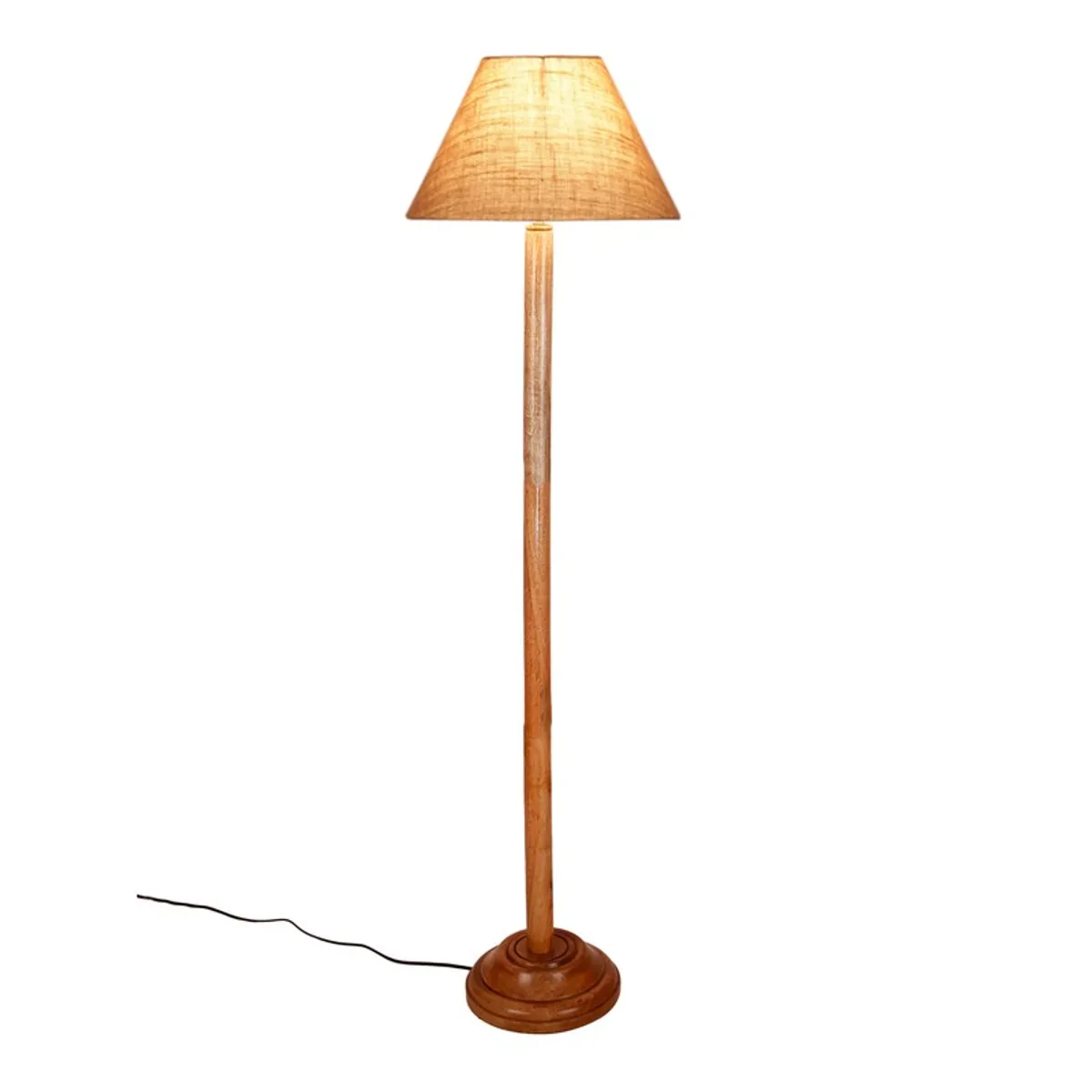 Wooden floor lamp with lit jute shade on a white background