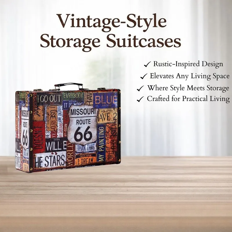 Vintage-style suitcase storage box with colourful signage print