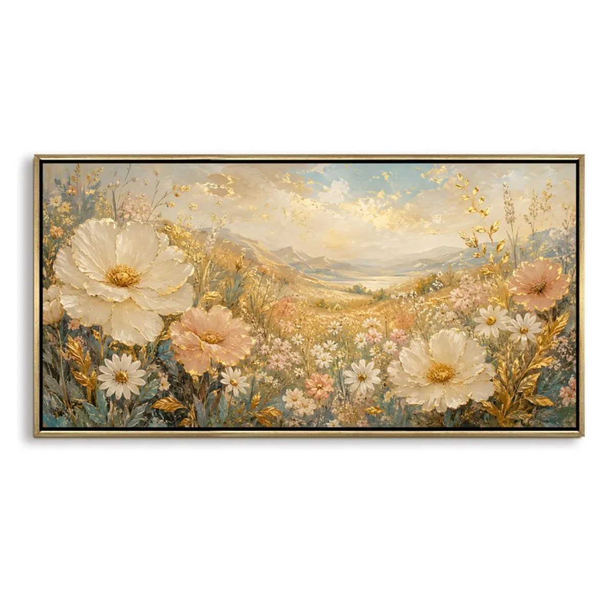 Rectangular floral meadow canvas painting with gold-toned frame