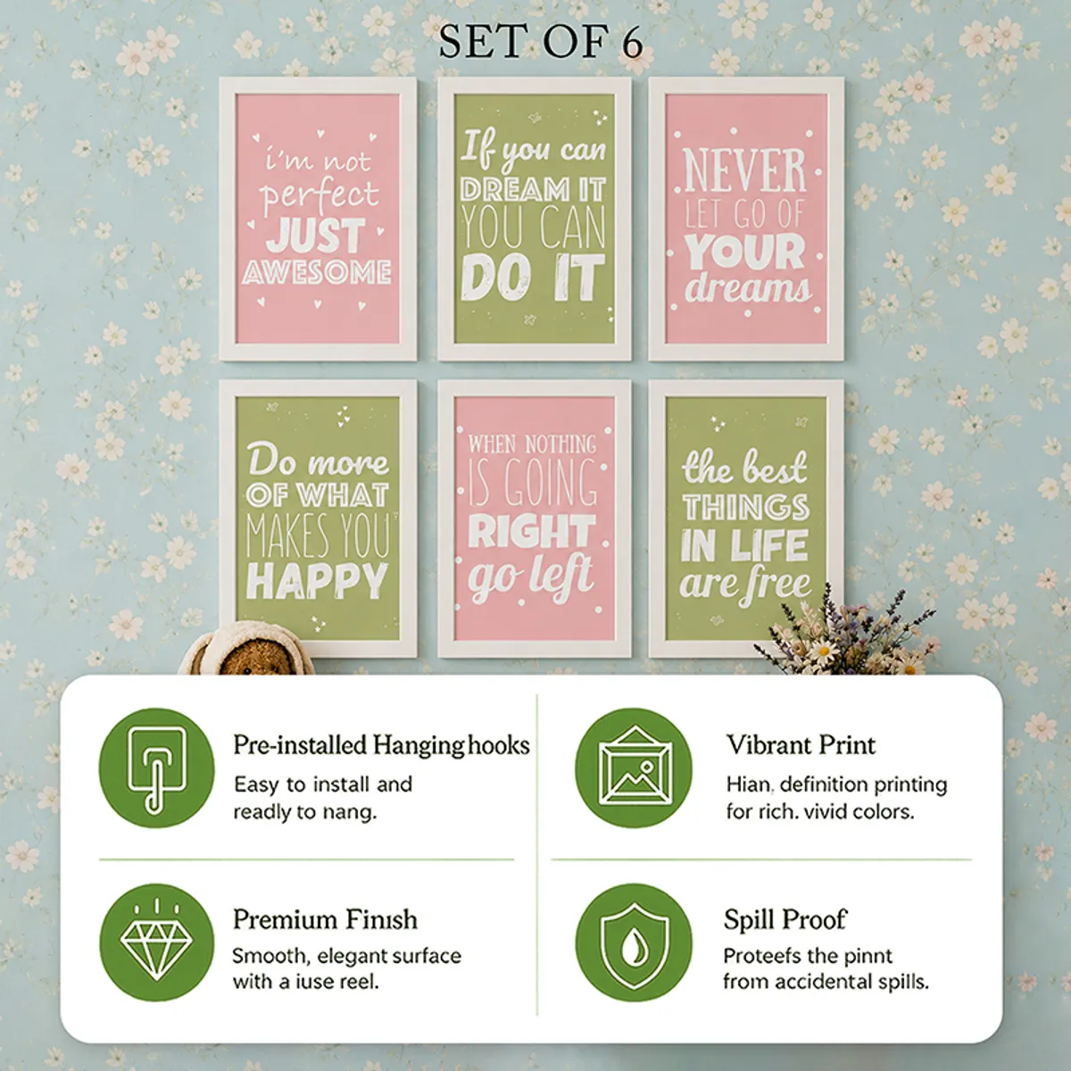 Promotional image showing six framed typography artworks with four feature icons on a floral blue wall.