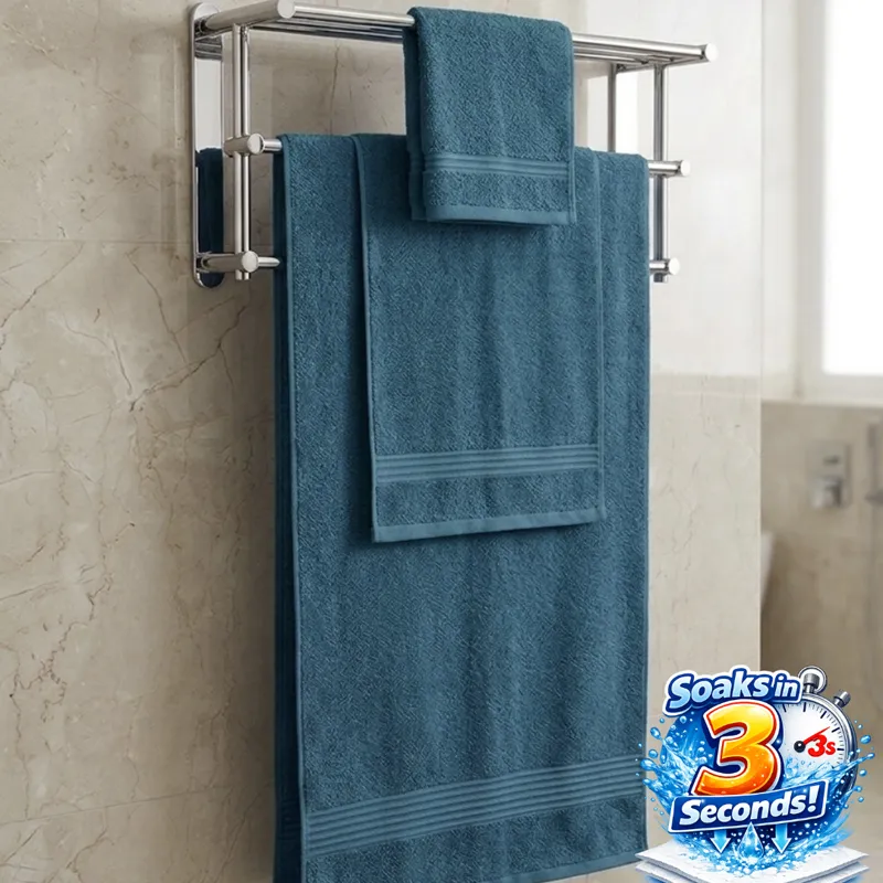 Teal towels hanging on a bathroom rack