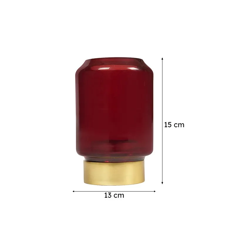 Ruby red glass candle holder with gold base shown with size markings