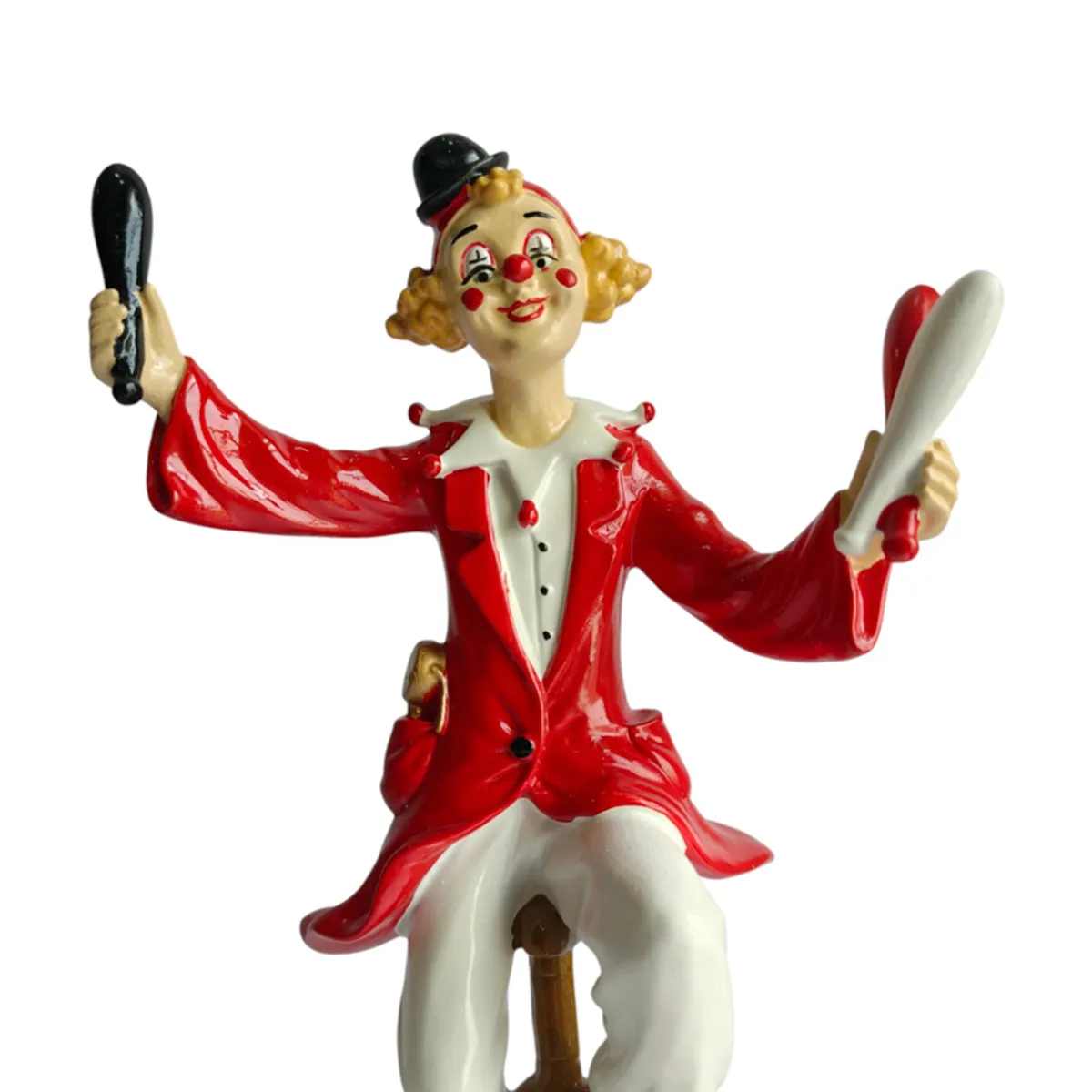 Close-up of the clown figurine's expressive face and red costume
