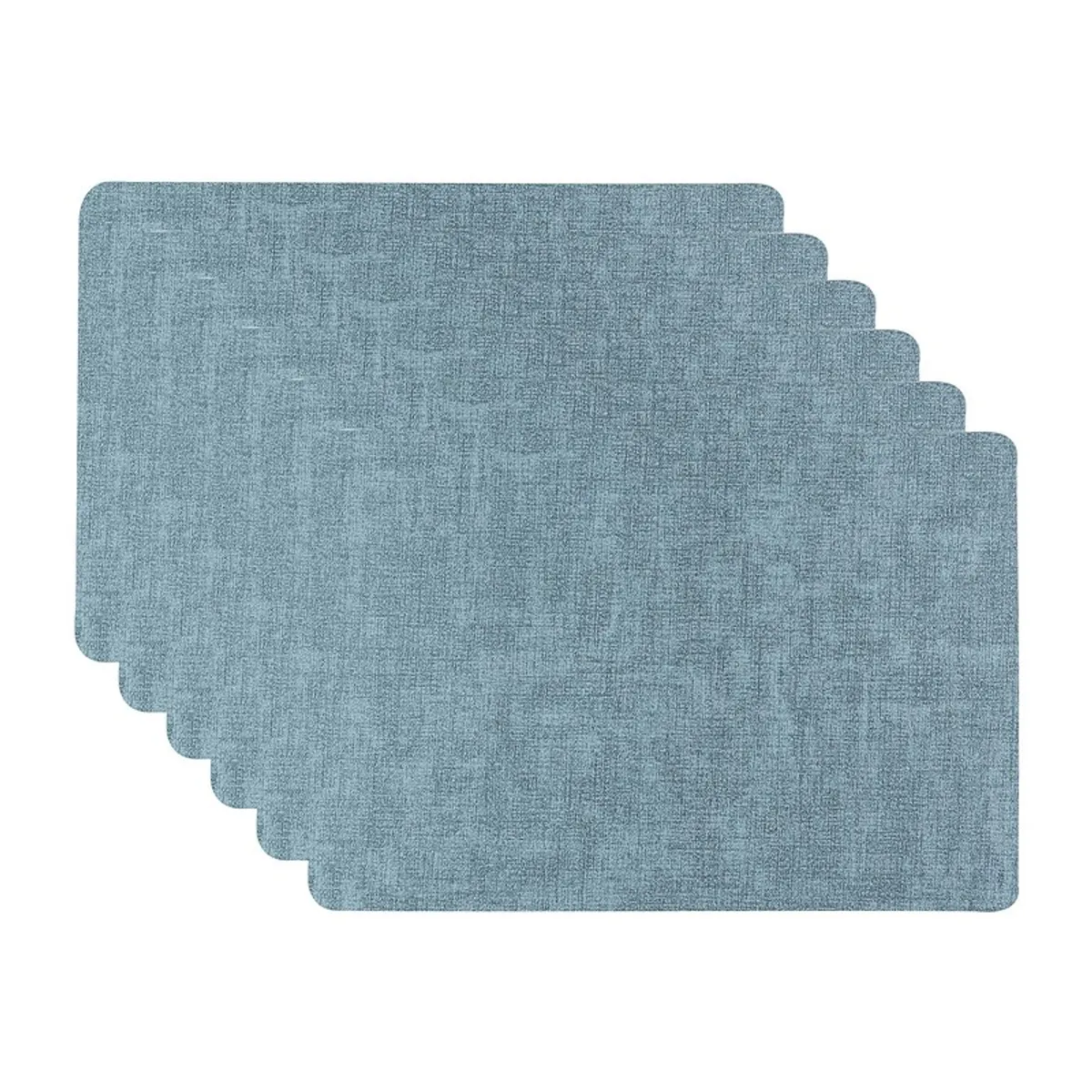 Stack of six blue rectangular table mats with rounded corners