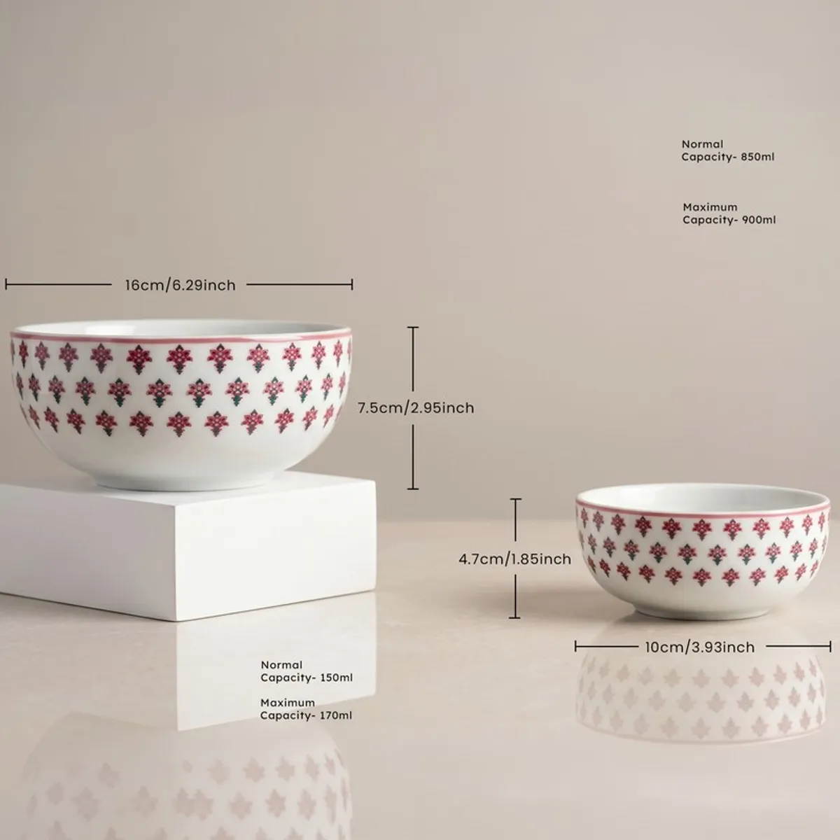 Serving bowl and small bowl in white porcelain with pink floral pattern