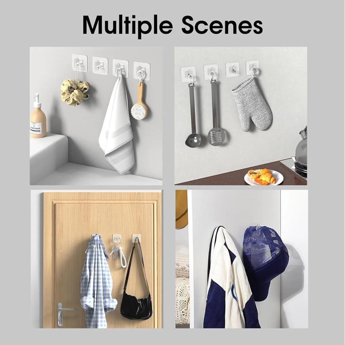 White and transparent adhesive hooks shown holding towels, utensils, accessories and clothing in different settings.