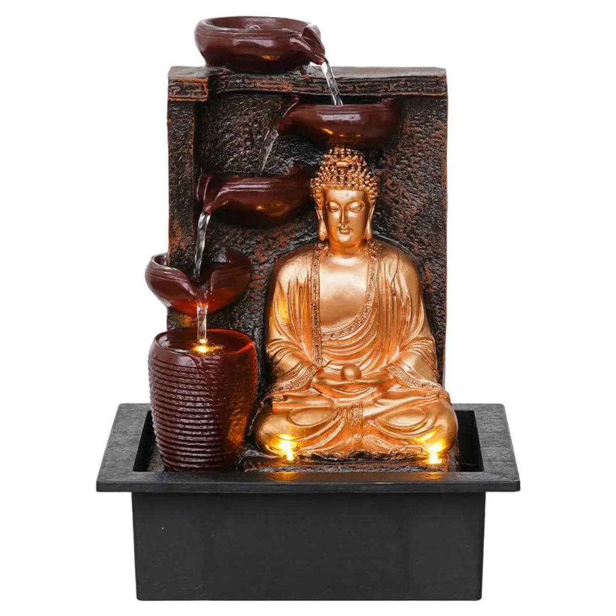 Front view of Buddha tabletop fountain with illuminated base and water flow