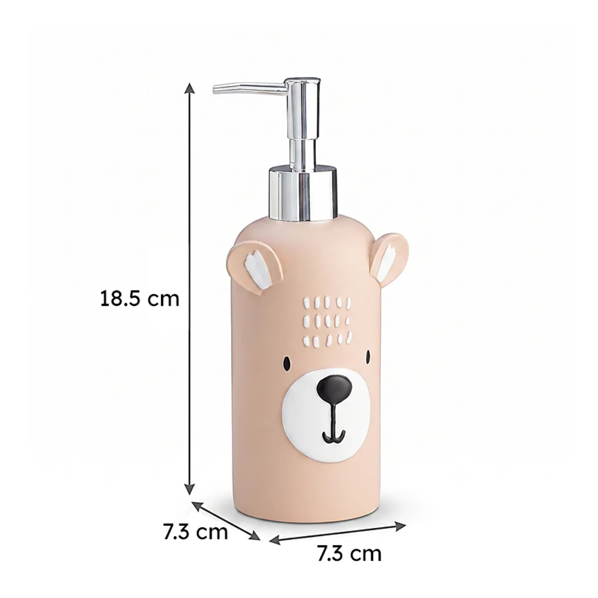 Peach bear face soap dispenser with illustrated dimensions
