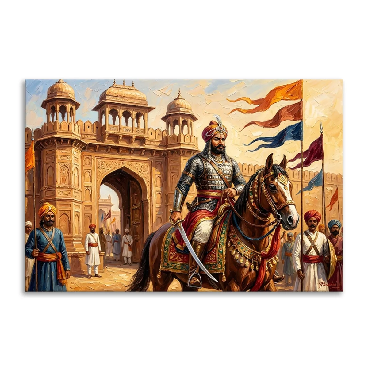 Rectangular canvas showing a mounted Rajput warrior, palace gateway and colourful flags