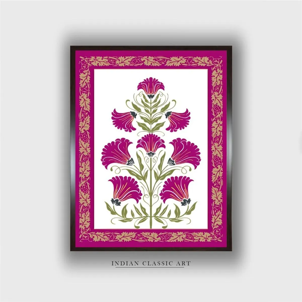 Rectangular framed wall painting with pink floral Mughal-style artwork