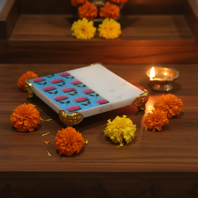 Indigo Blossom Marble Pooja Chowki - White ,Blue,Pink