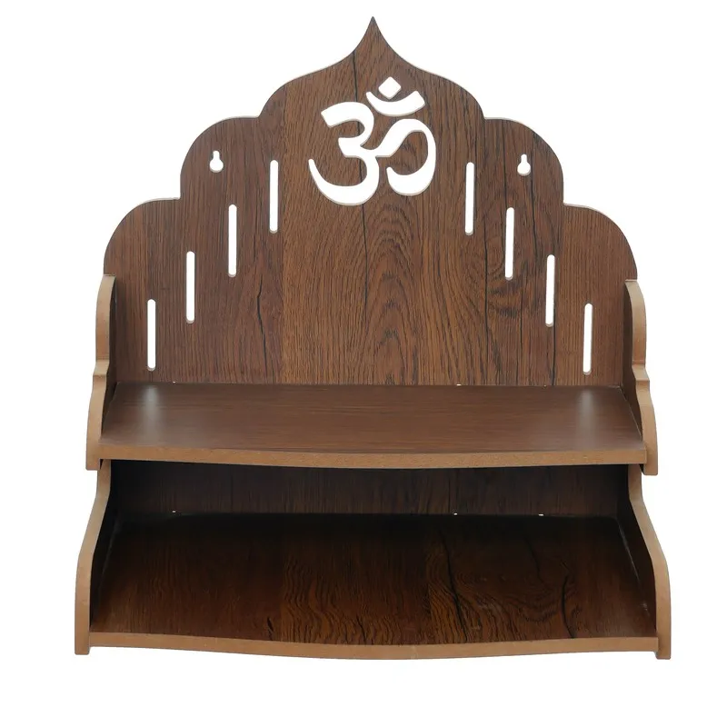 Front view of brown wooden mandir with upper platform and lower storage shelf