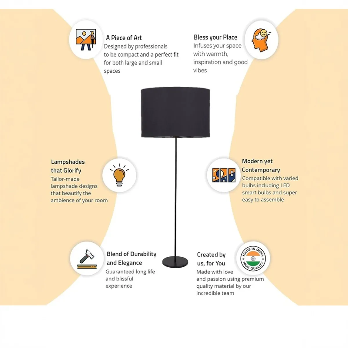 Black floor lamp shown in an infographic-style product layout