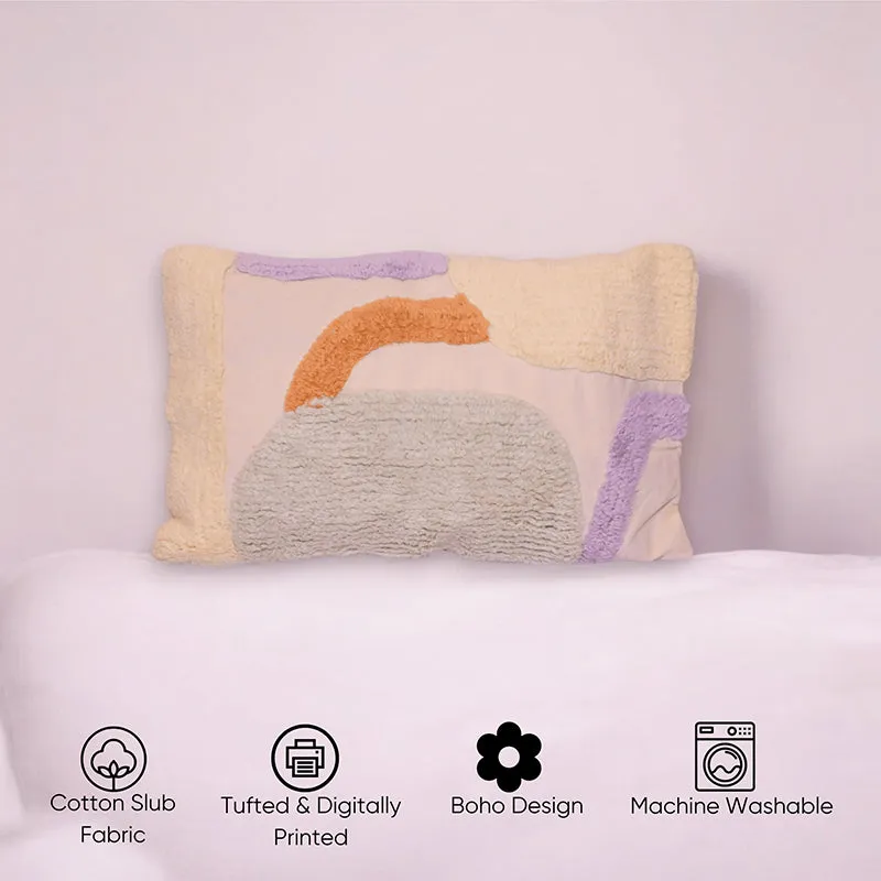 Single tufted rectangular cushion cover in beige with orange, grey and lavender accents