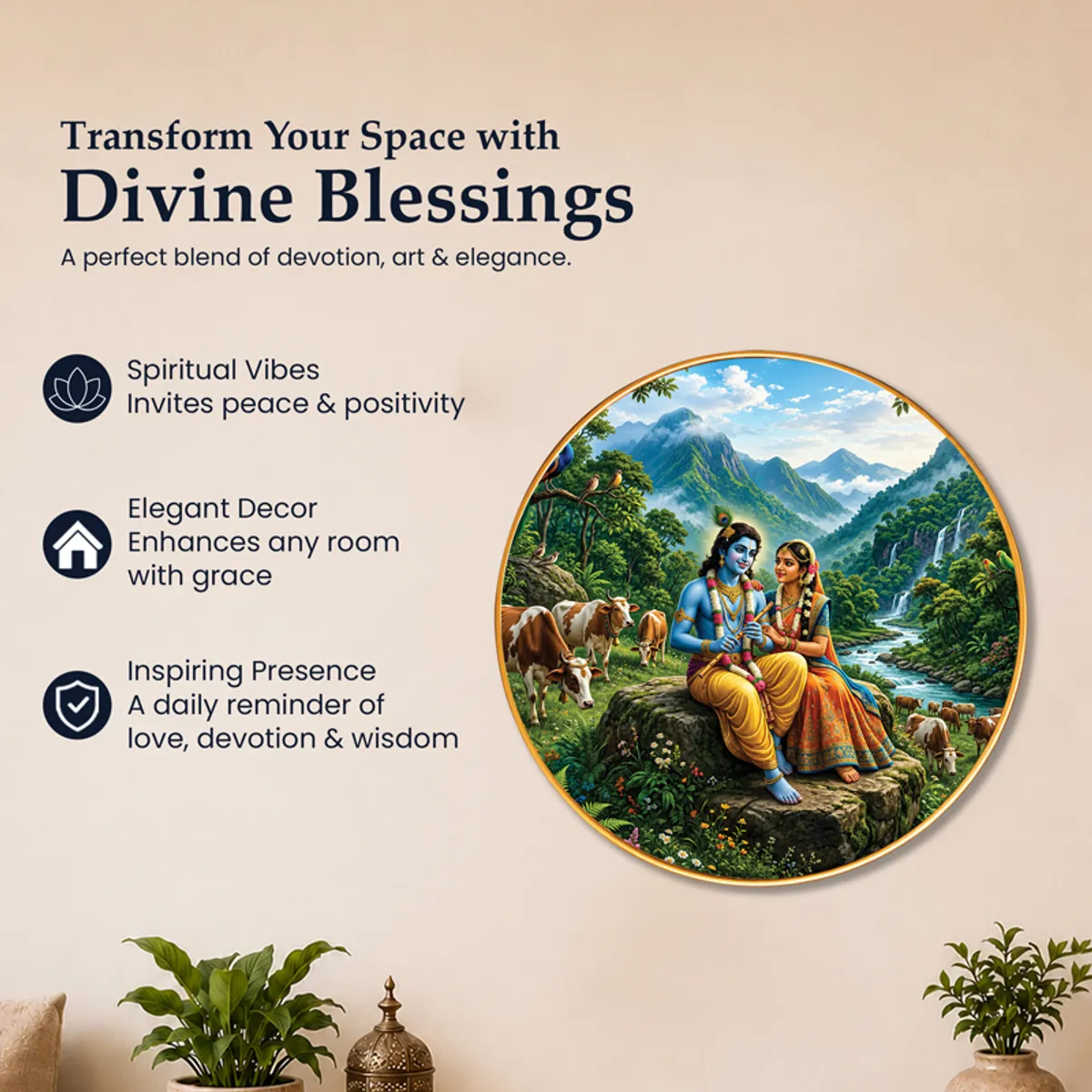 Round devotional wall art with Radha Krishna and scenic landscape on a wall