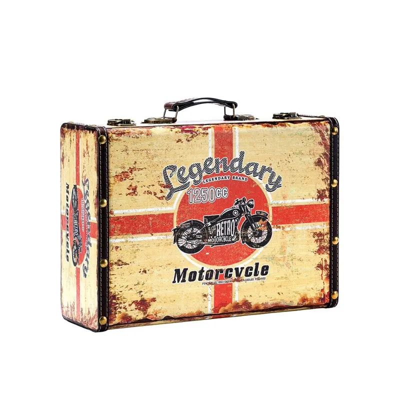 Beige and red retro storage box with suitcase-style handle and motorcycle print