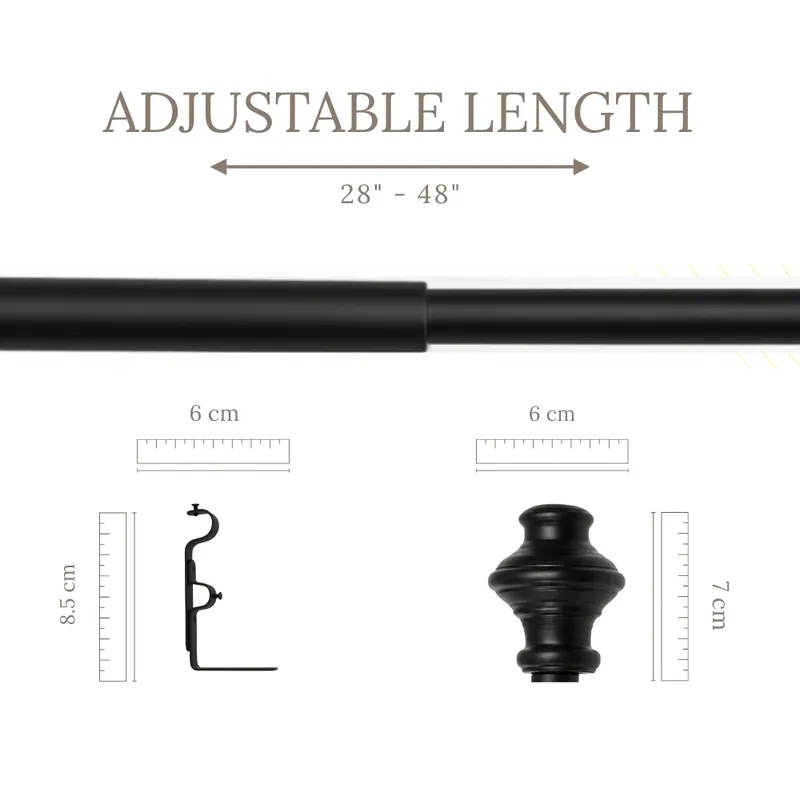 Black extendable curtain rod and close-up views of its bracket and finial