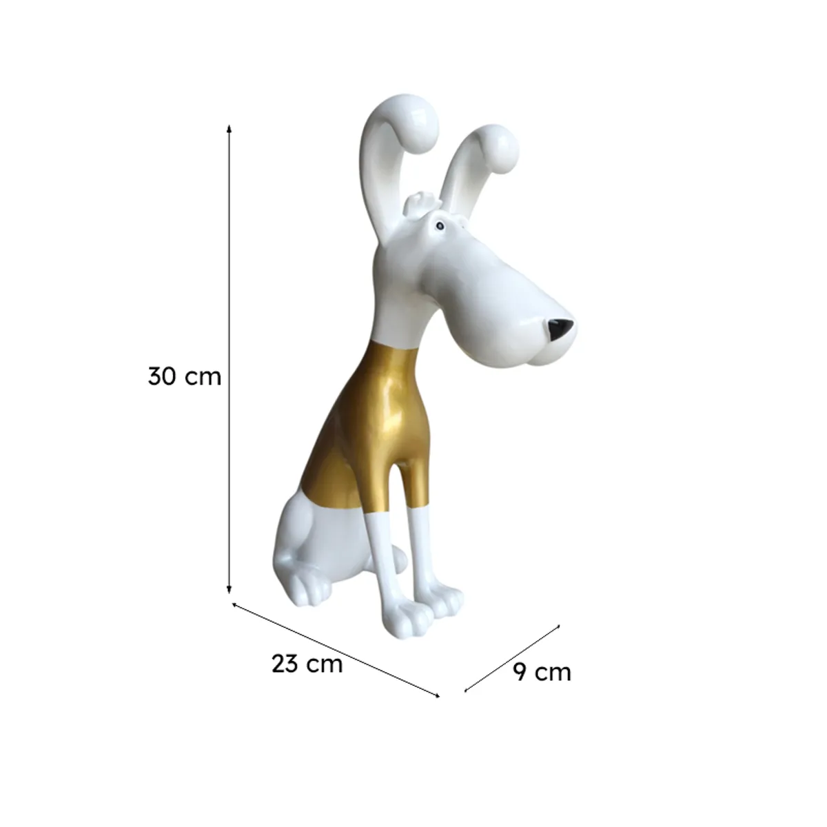 White and gold hound showpiece shown with its 30 cm height and base dimensions