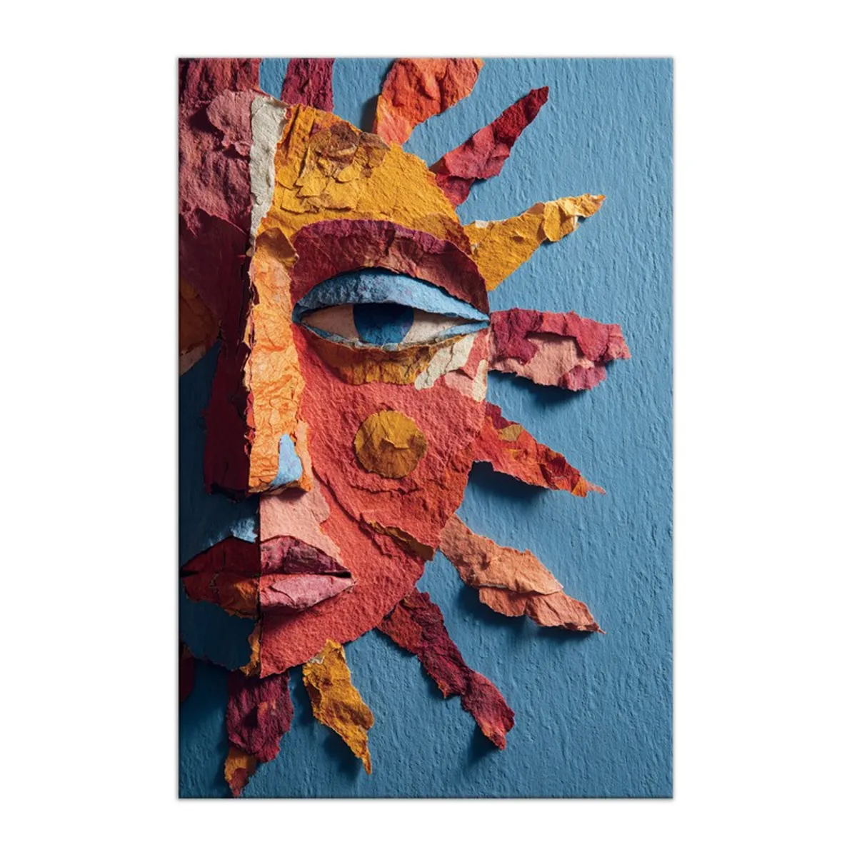 Rectangular abstract face and sun wall painting on a blue background
