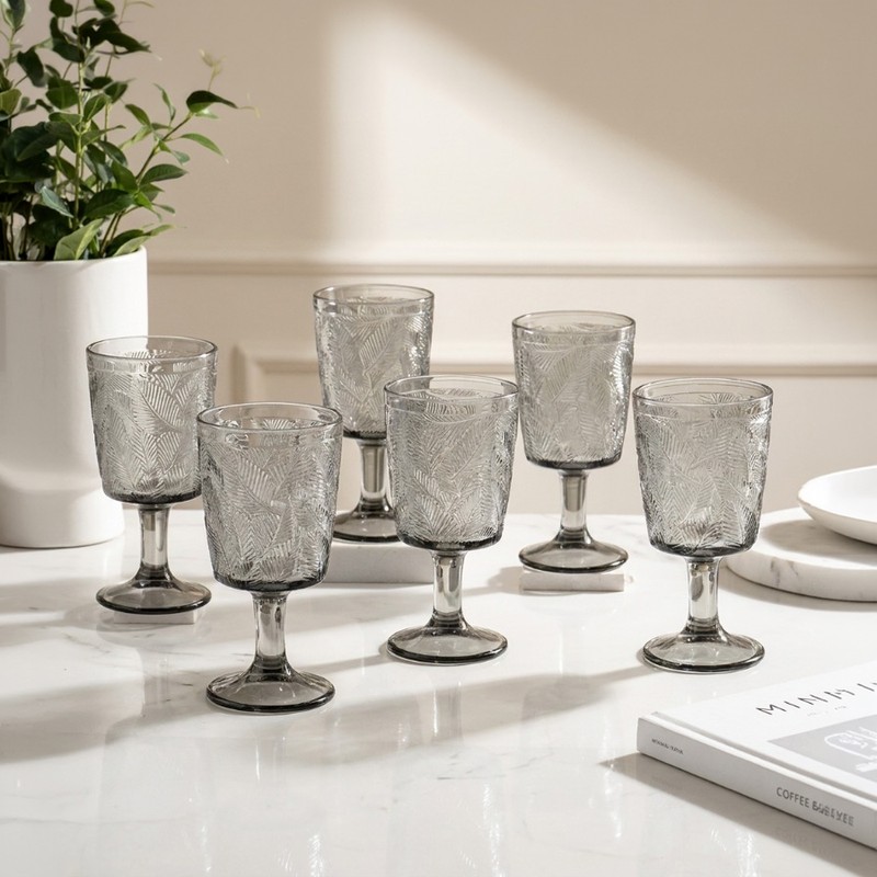 Smoky Leaf Embossed Wine Glass (335 mL Each) - Set of Six - 335 mL