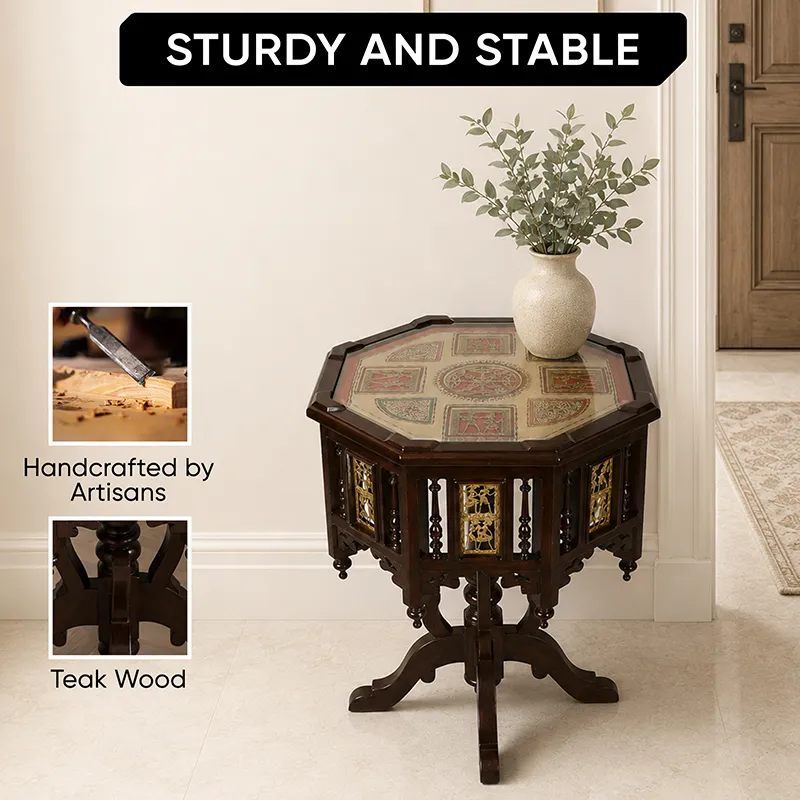 Dark brown handcrafted side table styled with a vase near an entryway