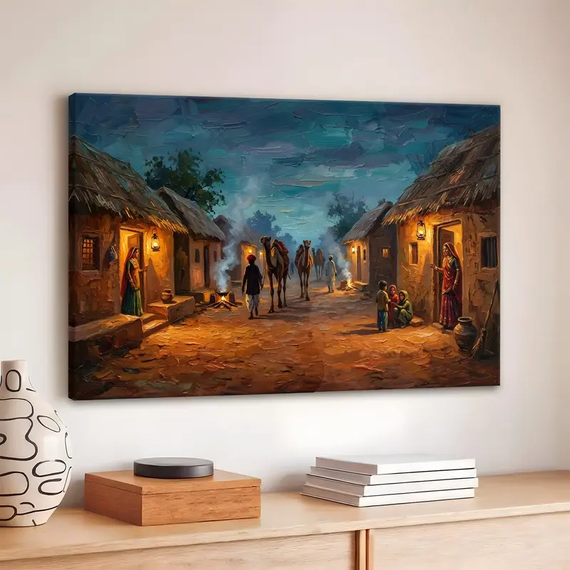 Lantern Lit Village Night Canvas Wall Painting