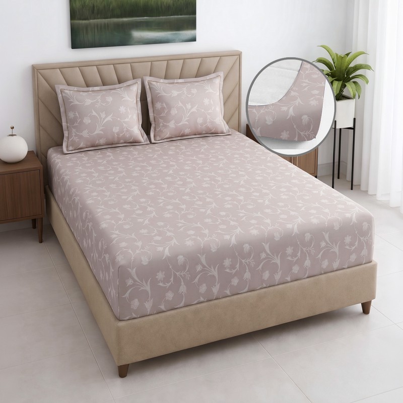 Floral Reverie Fitted Cotton Bedsheet - 400 TC - Queen Fitted