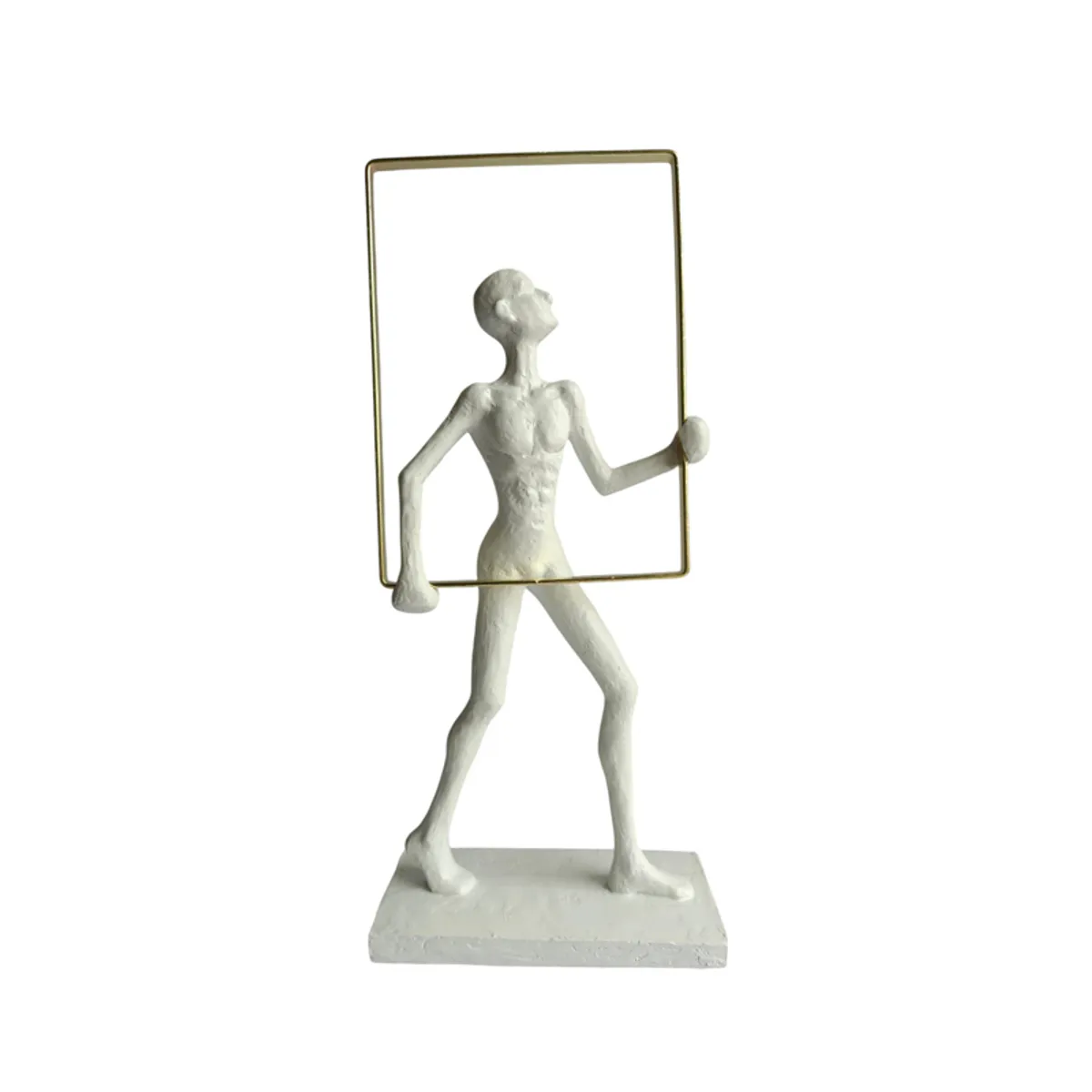 Front view of a white abstract figurine holding a gold rectangular frame