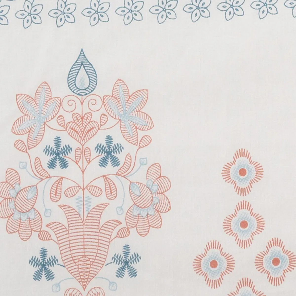 White fabric featuring a large coral and blue botanical floral pattern
