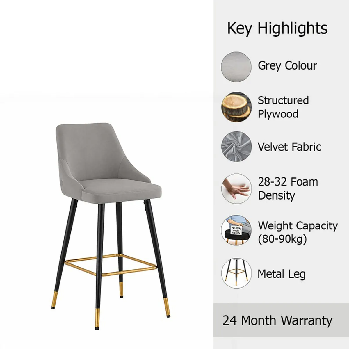 Grey bar chair with black legs and gold accents on a highlights graphic